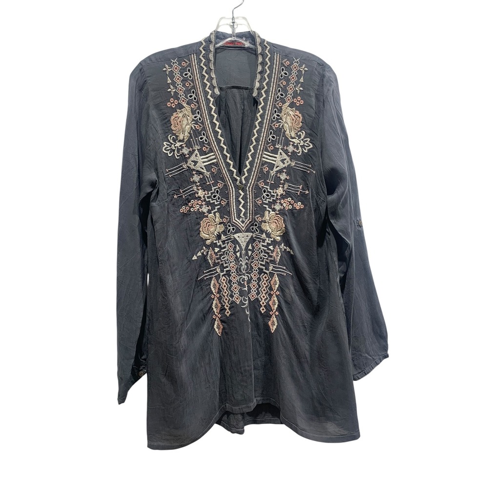Johnny Was Embroidered Tunic Top‎ Small S Black Cupra Rayon Bohemian Blouse